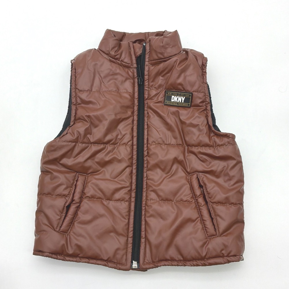 DKNY Kids Puffer Vest Brown Zip Front Sleeveless Gilet Size 18 Months
